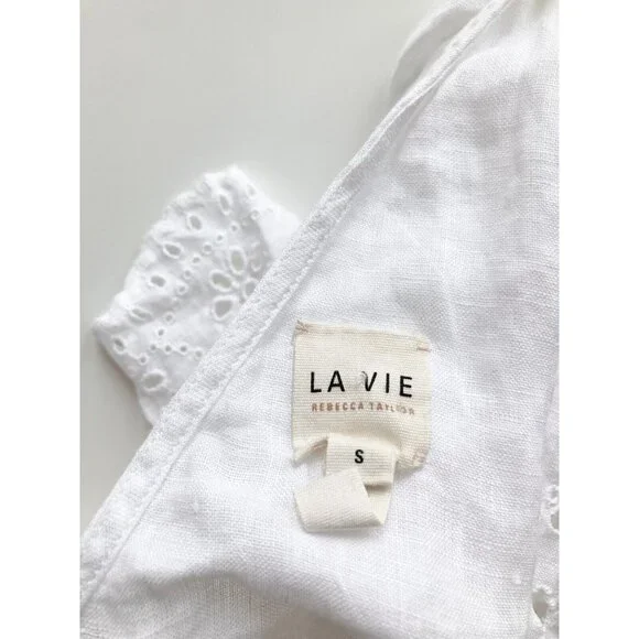 LA VIE By REBECCA TAYLOR Sarcelle White Linen Eyelet Embroidered Dress, Size S - Picture 14 of 16